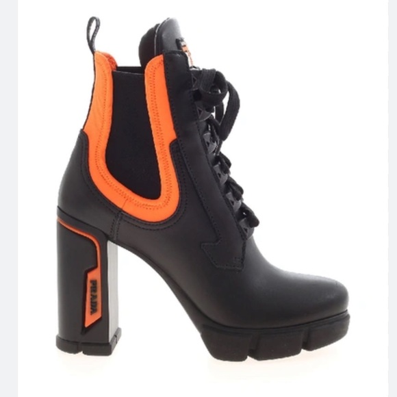 Prada Black/Orange Leather & Neoprene Lace Up Ankle Boots - Picture 8 of 10